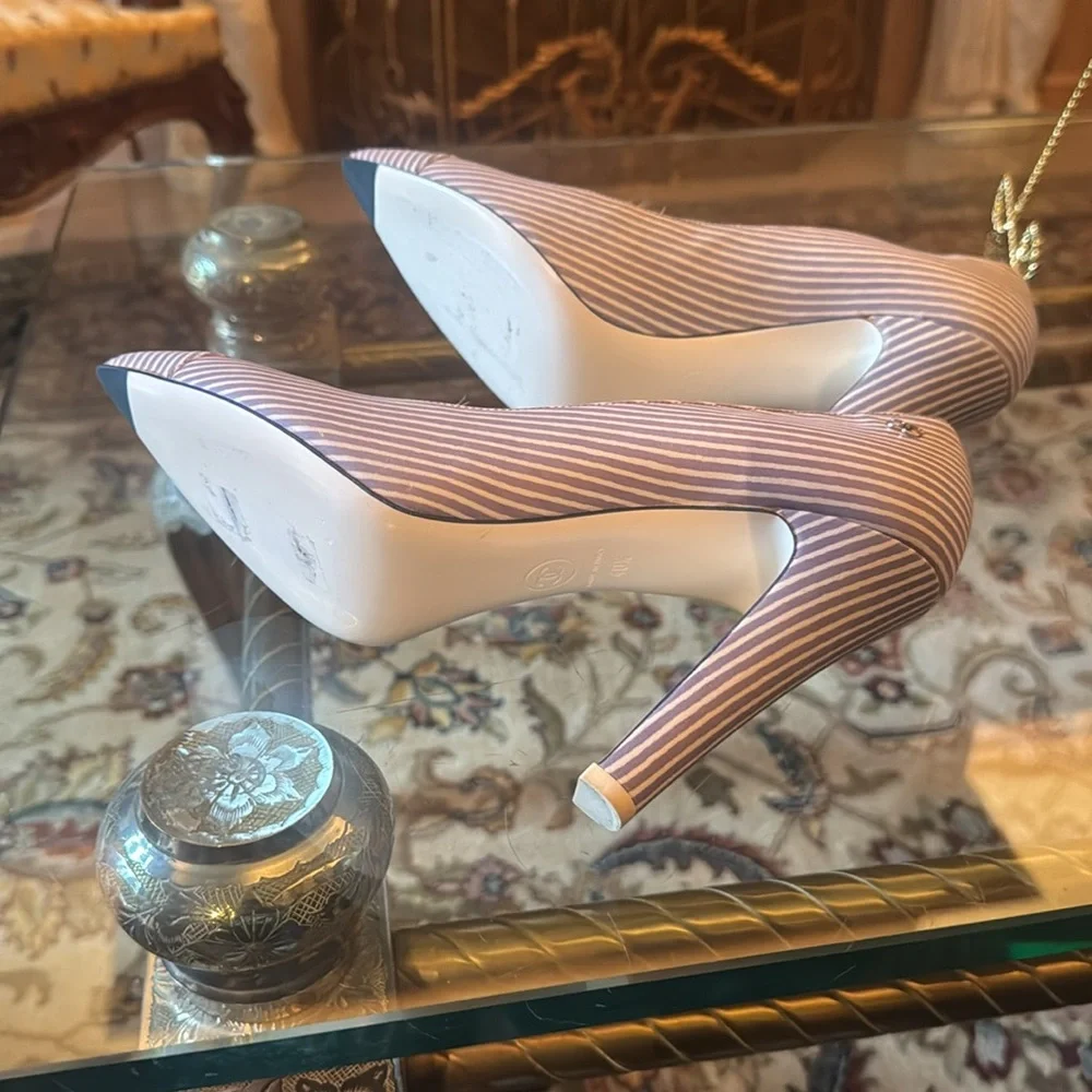 CHANEL blue and White Striped 5” Heels